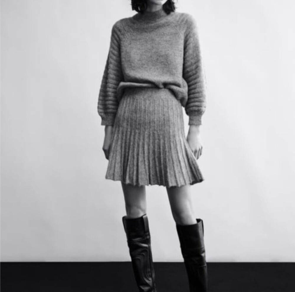 Zara Gray Pleated Wool Knit Mini Skirt Size L Academia Preppy Gilmore Girls Chic